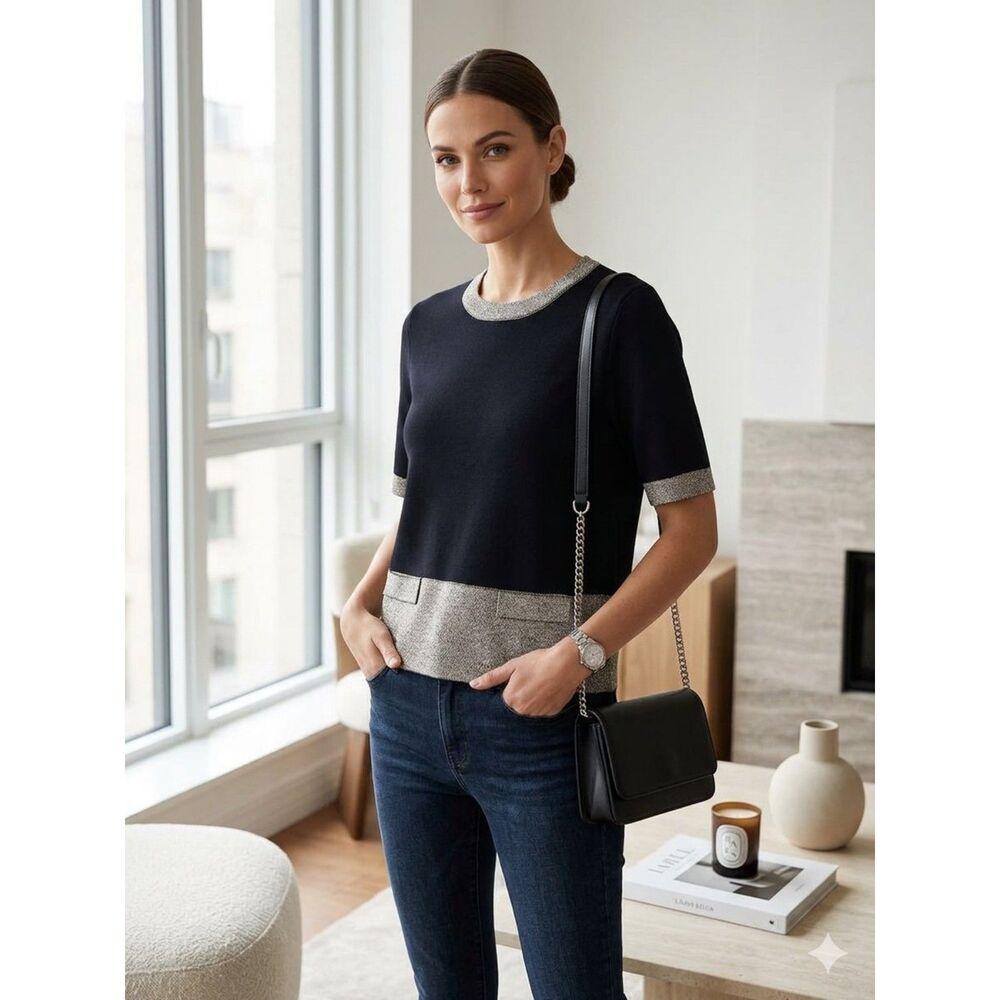 Paule Ka Metallic Trimmed Short Sleeve Knit Top - Black/Gold